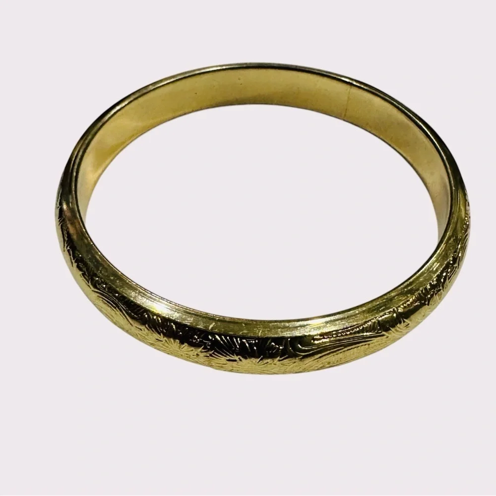 Vintage Gold-Tone Engraved Bangle Bracelet | Floral Etched | Costume Jewelry